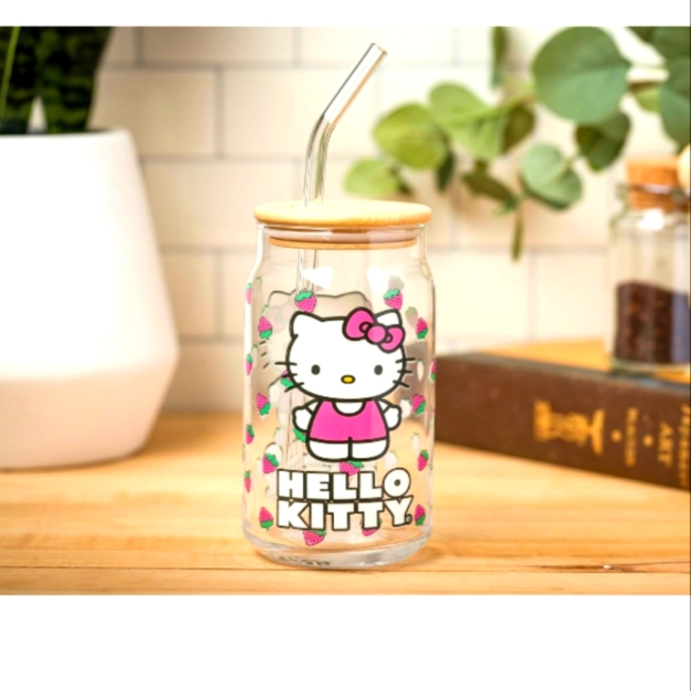 Silver Buffalo Sanrio Hello Kitty Strawberry Glass Jar Tumbler with Bamboo Lid a
